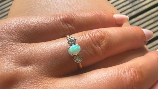 18ct Yellow Gold & Platinum Opal & Diamond Trilogy Ring
