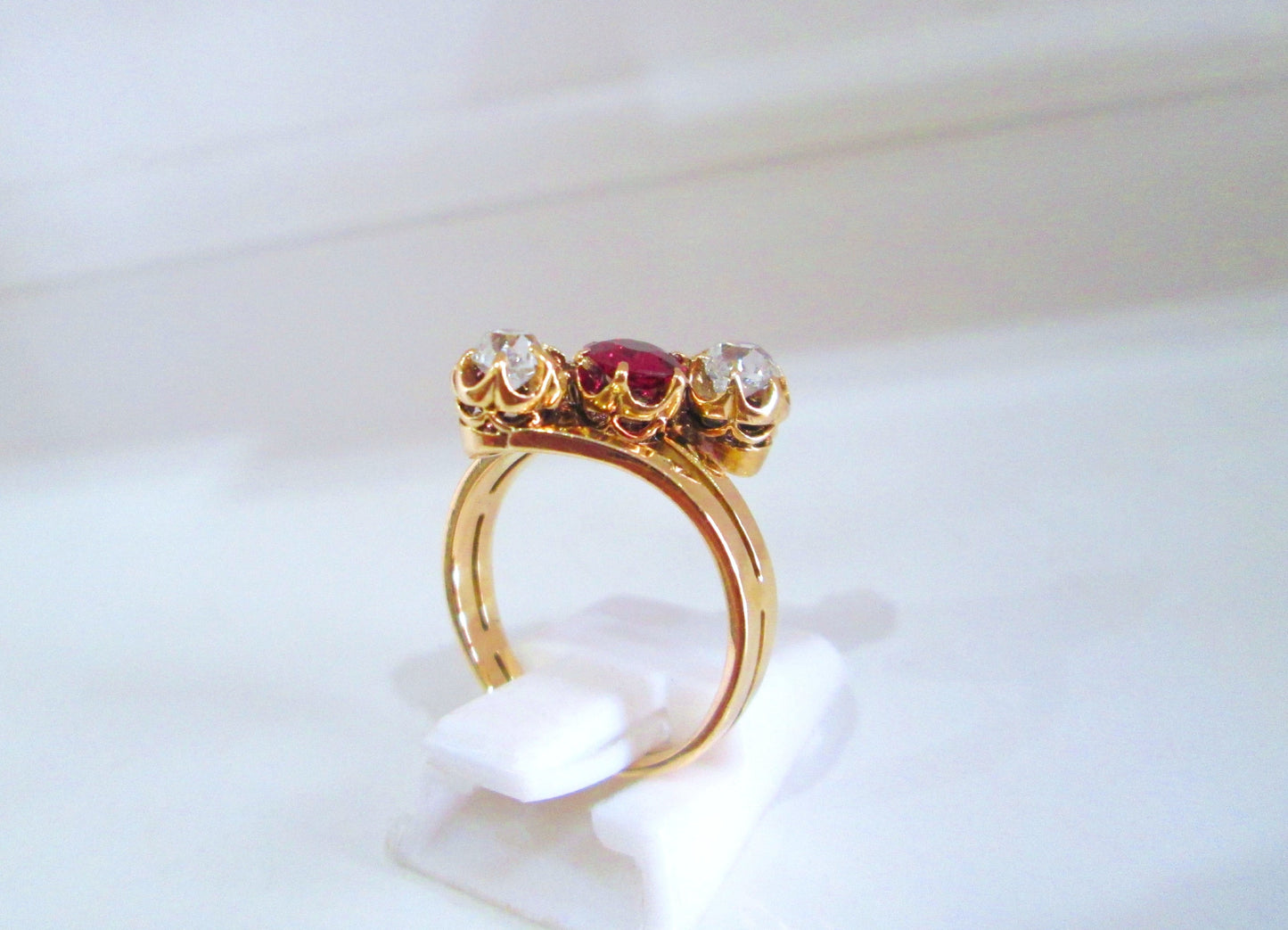 Antique 14ct Gold Ruby & Old Mine Cut Diamond Trilogy Bypass Ring
