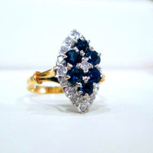 Load image into Gallery viewer, 1970s 18ct Yellow Gold Sapphire & Diamond Cluster Navette Ring