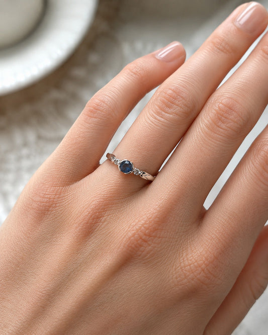 9ct White Gold 3 Stone Bezel Set Blue Sapphire & Diamond Trilogy Ring
