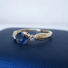 Load image into Gallery viewer, 9ct Yellow Gold Bezel Set Sapphire & Diamond Trilogy Ring