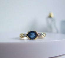 Load image into Gallery viewer, 9ct Yellow Gold Bezel Set Sapphire & Diamond Trilogy Ring