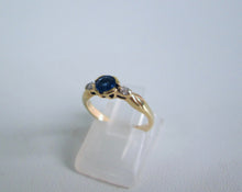 Load image into Gallery viewer, 9ct Yellow Gold Bezel Set Sapphire & Diamond Trilogy Ring