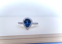 Load image into Gallery viewer, 18ct White Gold Pear Cut Sapphire & Diamond Halo Ring
