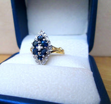 Load image into Gallery viewer, 1970s 18ct Yellow Gold Sapphire & Diamond Cluster Navette Ring