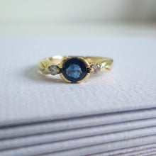 Load image into Gallery viewer, 9ct Yellow Gold Bezel Set Sapphire & Diamond Trilogy Ring