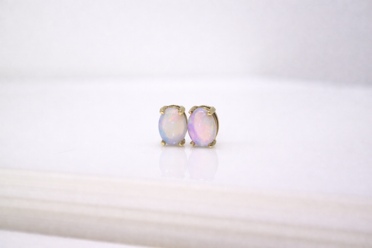 14ct Yellow Gold Oval Cabochon Opal Stud Earrings 18ct Butterfly Backs