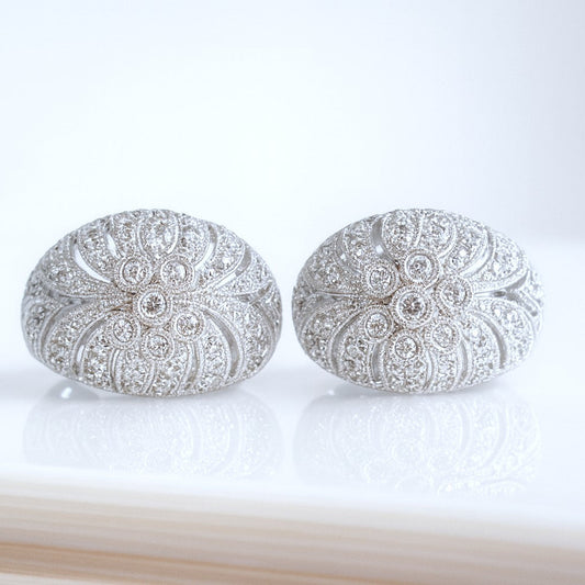 14ct White Gold Diamond Dome Cluster Earrings - 106 Natural Diamonds • Omega Backs