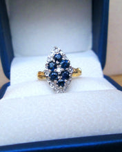 Load image into Gallery viewer, 1970s 18ct Yellow Gold Sapphire & Diamond Cluster Navette Ring
