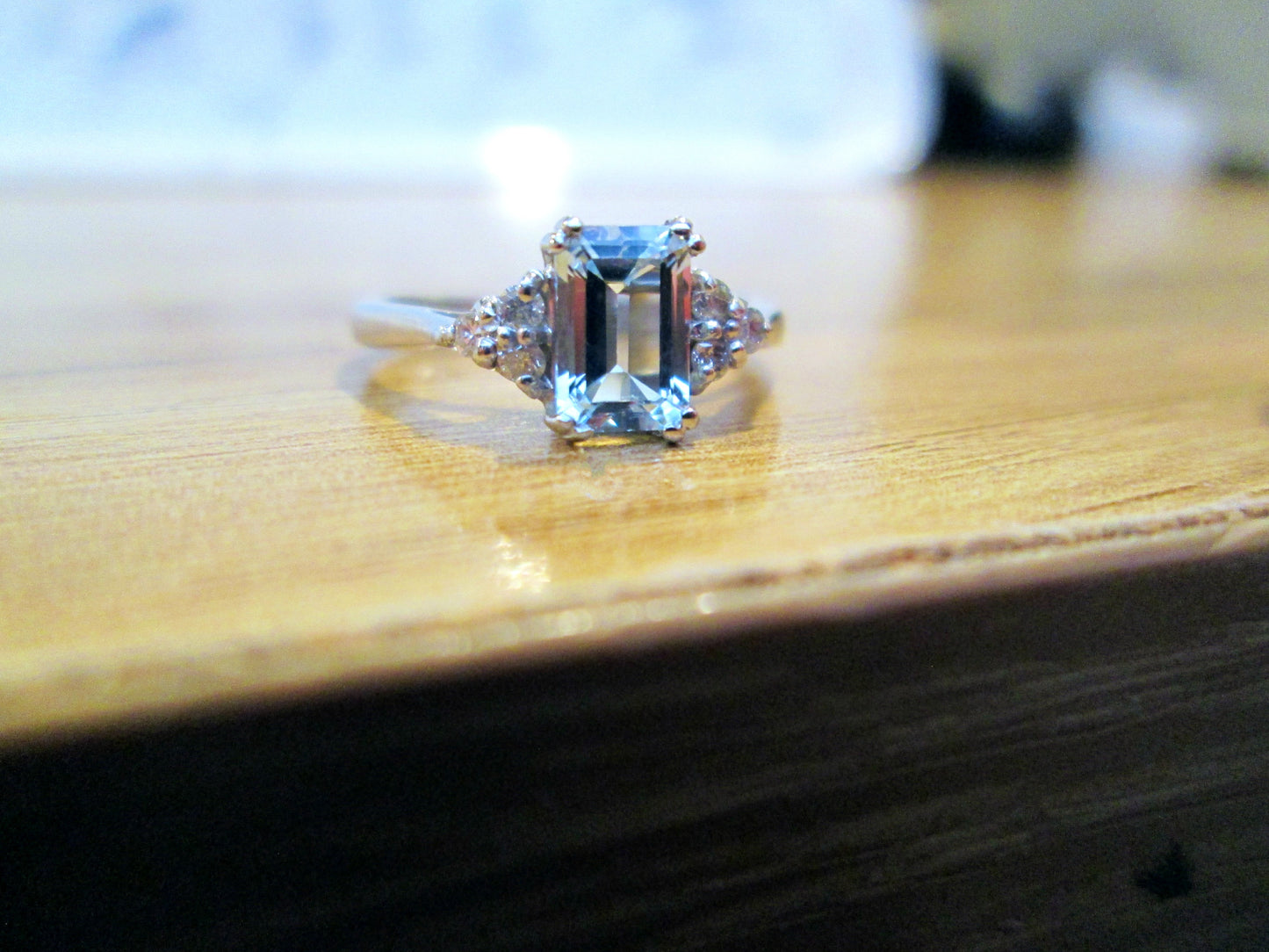 9ct White Gold Emerald Cut Aquamarine & Diamond Ring