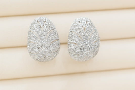 14ct White Gold Diamond Dome Cluster Earrings - 106 Natural Diamonds • Omega Backs