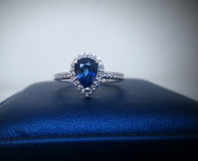 Load image into Gallery viewer, 18ct White Gold Pear Cut Sapphire & Diamond Halo Ring