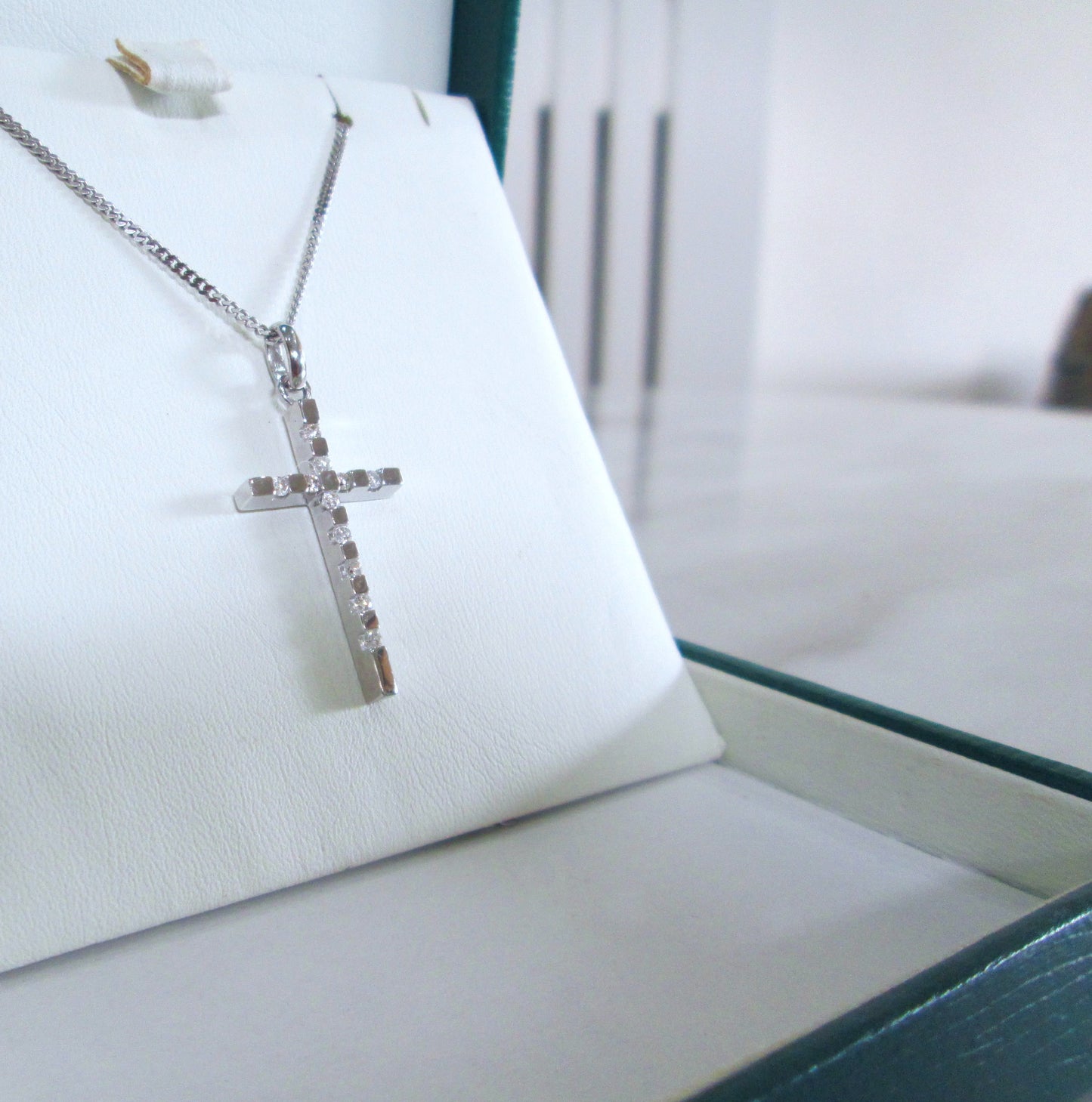 9ct White Gold Diamond Cross Necklace – 18” Chain | Vintage Darling Jewellery