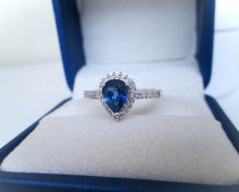 Load image into Gallery viewer, 18ct White Gold Pear Cut Sapphire & Diamond Halo Ring