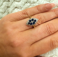 Load image into Gallery viewer, 1970s 18ct Yellow Gold Sapphire & Diamond Cluster Navette Ring
