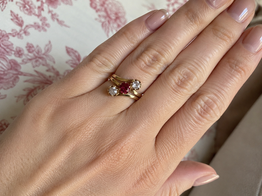 Antique 14ct Gold Ruby & Old Mine Cut Diamond Trilogy Bypass Ring