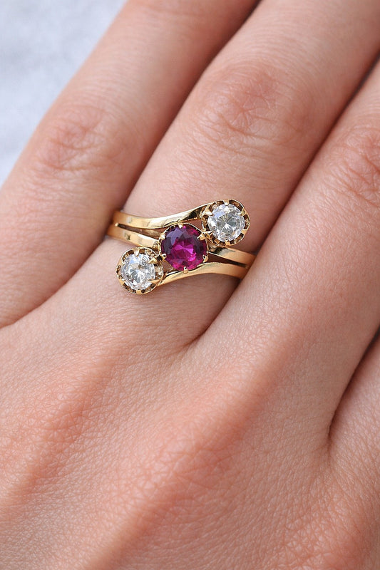 Antique 14ct Gold Ruby & Old Mine Cut Diamond Trilogy Bypass Ring