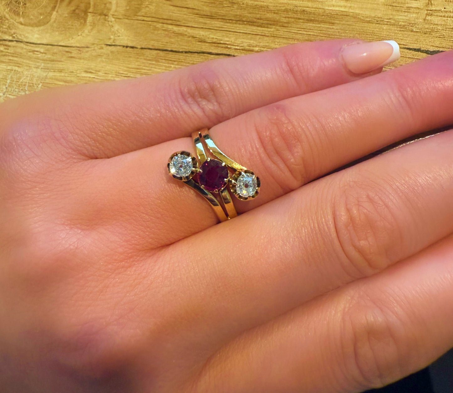 Vintage 14ct Gold Ruby & Old Mine Cut Diamond Trilogy Bypass Ring