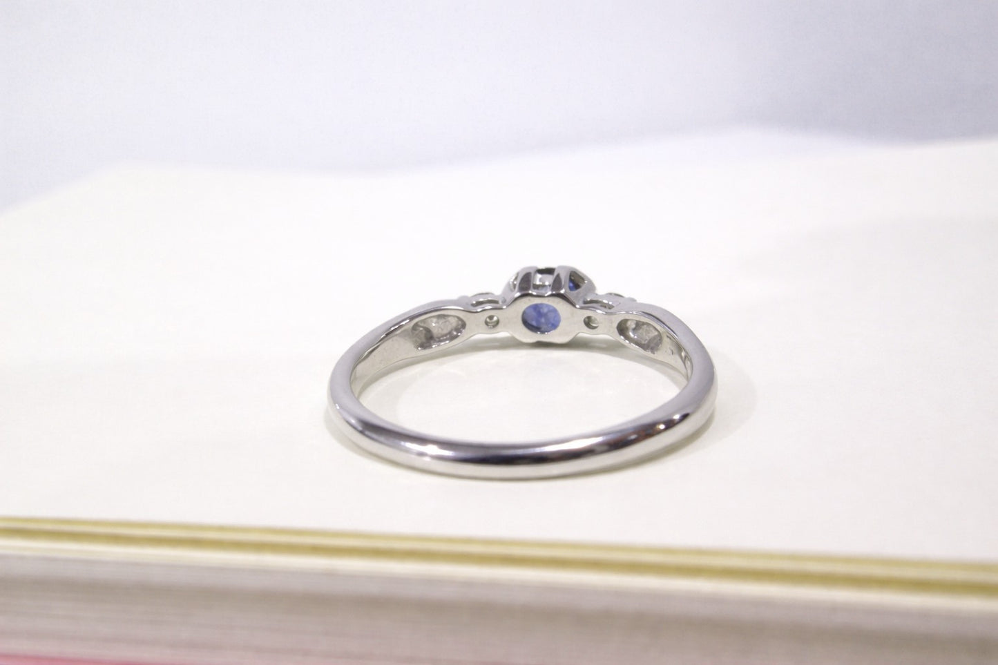 9ct White Gold 3 Stone Bezel Set Blue Sapphire & Diamond Trilogy Ring