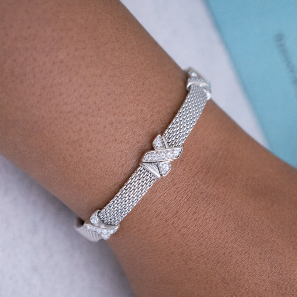 18ct White Gold Rare Designer Diamond Cross Mesh Bracelet