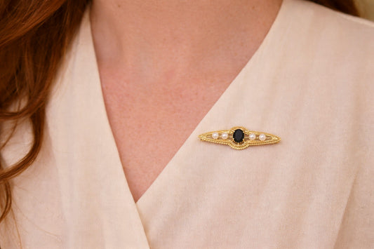 Edwardian-Style 9ct Yellow Gold Sapphire & Pearl Bar Pin Brooch