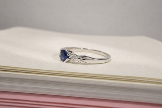 9ct White Gold 3 Stone Bezel Set Blue Sapphire & Diamond Trilogy Ring
