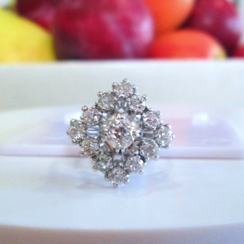 French 18ct White Gold 1.40ct Old Mine Cut Diamond Cluster Ring