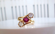 Load image into Gallery viewer, 14ct Yellow Gold Old Mine Cut Ruby &amp; Diamond Trilogy Ring
