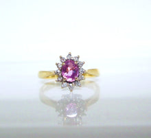 Load image into Gallery viewer, 18ct Yellow Gold Oval Cut Pink Sapphire &amp; Diamond Cluster Halo Ring
