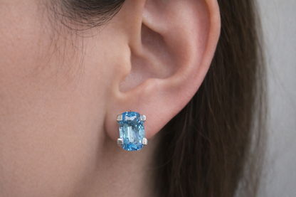 18ct White Gold Large Swiss Blue Topaz Stud Earrings Checkerboard Cushion Studs