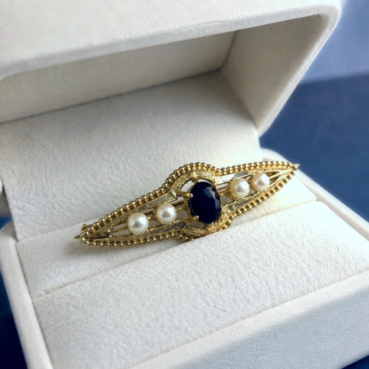 Edwardian-Style 9ct Yellow Gold Sapphire & Pearl Bar Pin Brooch