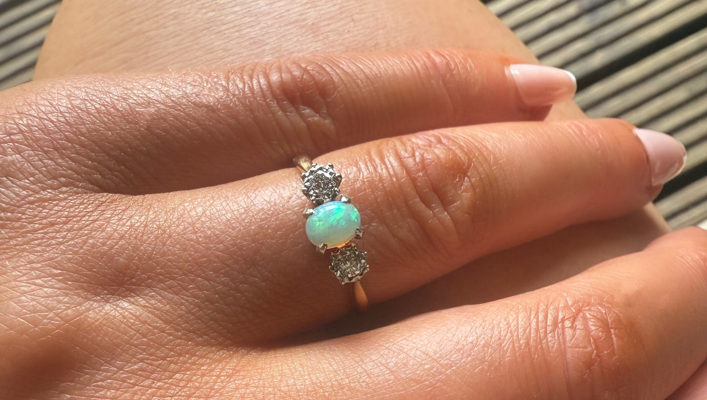 18ct Yellow Gold & Platinum Opal & Diamond Trilogy Ring
