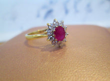 Load image into Gallery viewer, 18ct Yellow Gold Ruby &amp; Brilliant Cut Diamond Cluster Halo Ring
