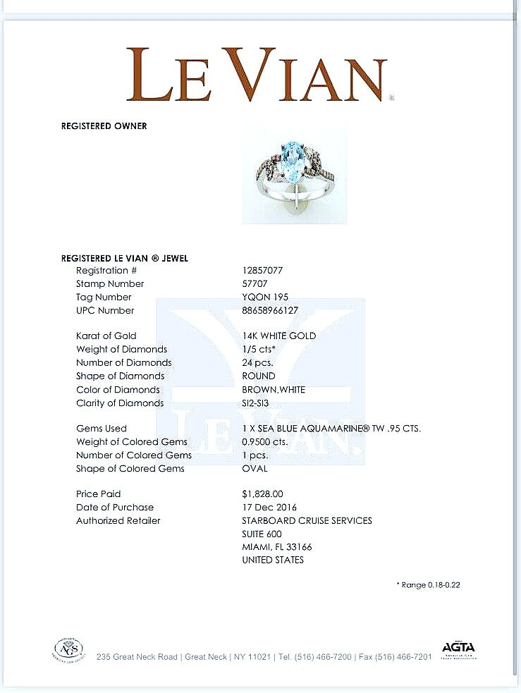 Le Vian 14ct White Gold Aquamarine & Diamond Cluster Ring Size I 14k