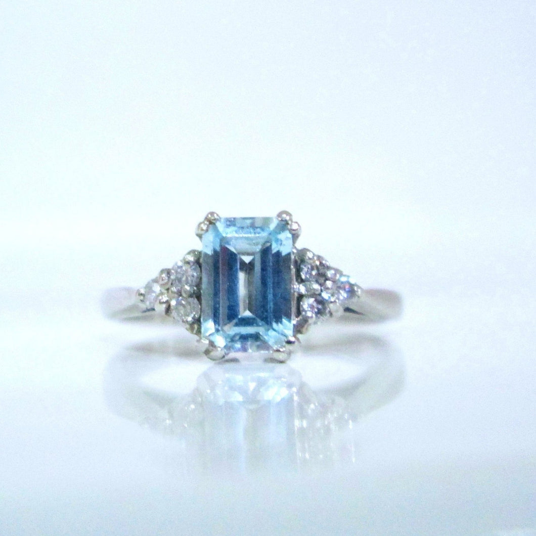 9ct White Gold Emerald Cut Aquamarine & Diamond Ring