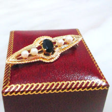 Load image into Gallery viewer, 9ct Yellow Gold Oval Cut Sapphire &amp; Cultured Pearl Pin Brooch
