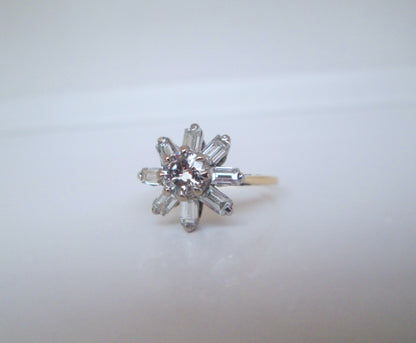 Vintage 14ct Yellow Gold Diamond Cluster Starburst Ring Baguette & Transitional Cut 14k