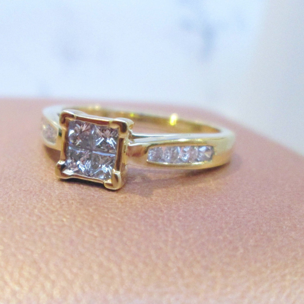 10ct Yellow Gold Illusion Bezel Set Princess Cut Diamond Cluster Ring