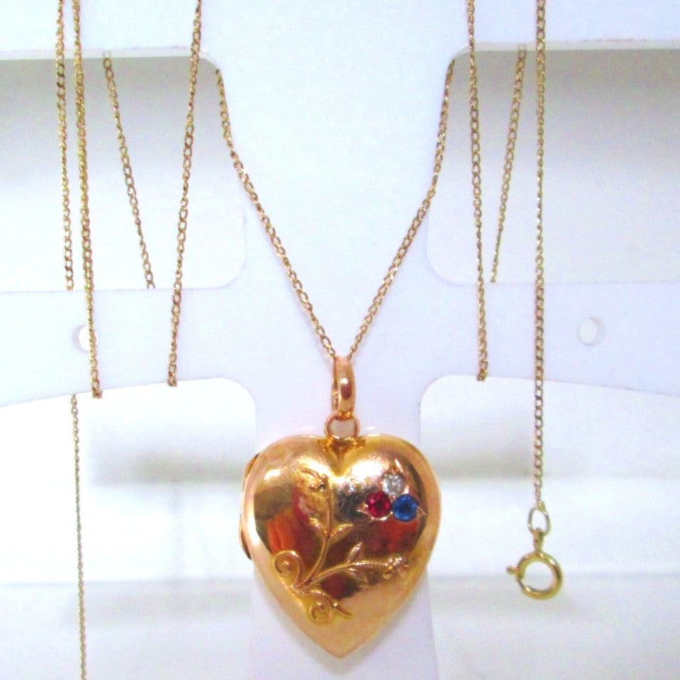 Victorian 15ct Gold Heart Locket Old Cut Ruby Diamond & Sapphire Pendant Necklace