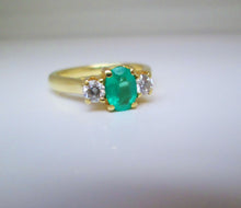 Load image into Gallery viewer, 18ct Yellow Gold Oval &amp; Brilliant Cut Emerald &amp; Diamond Trilogy Ring
