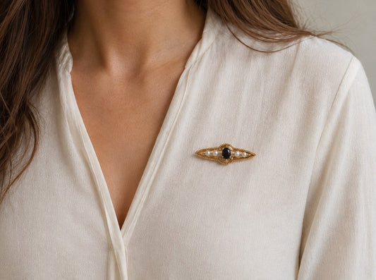 Edwardian-Style 9ct Yellow Gold Sapphire & Pearl Bar Pin Brooch