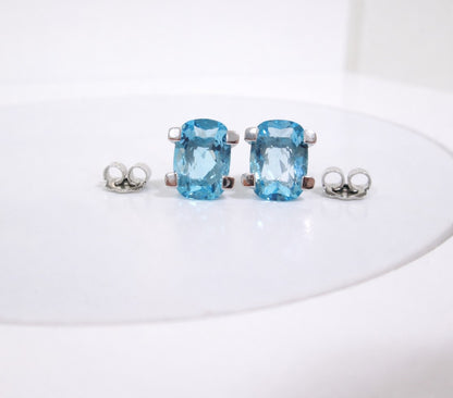 18ct White Gold Large Swiss Blue Topaz Stud Earrings Checkerboard Cushion Studs