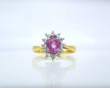 Load image into Gallery viewer, 18ct Yellow Gold Oval Cut Pink Sapphire &amp; Diamond Cluster Halo Ring
