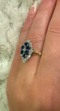 Load image into Gallery viewer, 1970s 18ct Yellow Gold Sapphire &amp; Diamond Cluster Navette Ring
