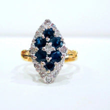 Load image into Gallery viewer, 1970s 18ct Yellow Gold Sapphire &amp; Diamond Cluster Navette Ring
