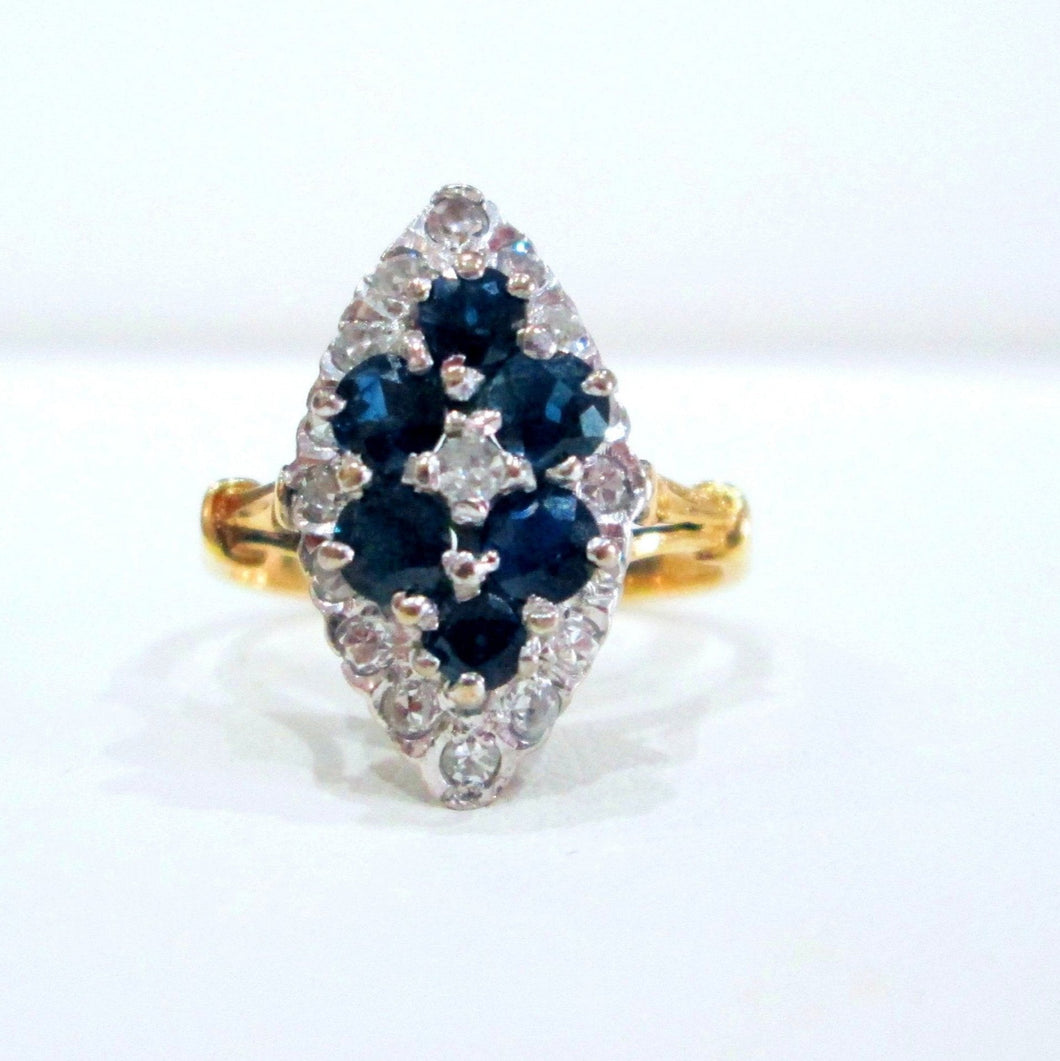 1970s 18ct Yellow Gold Sapphire & Diamond Cluster Navette Ring