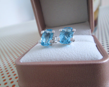 18ct White Gold Large Swiss Blue Topaz Stud Earrings Checkerboard Cushion Studs