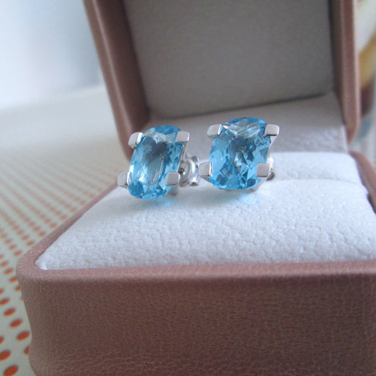18ct White Gold Large Swiss Blue Topaz Stud Earrings Checkerboard Cushion Studs