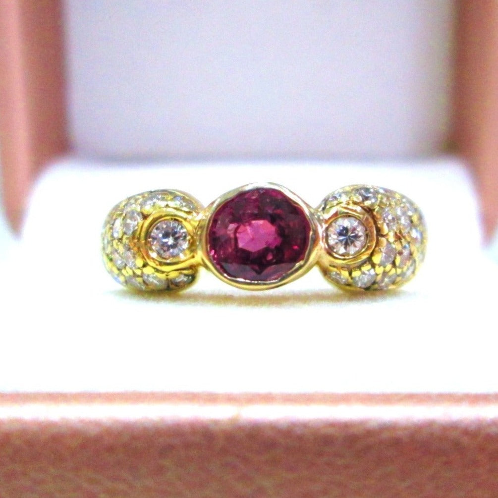 18ct Yellow Gold Bezel Set Ruby & Diamond Cluster Dome Bombe Ring