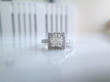Load image into Gallery viewer, 14ct White Gold Radiant &amp; Brilliant Cut Diamond Solitaire Halo Engagement Ring
